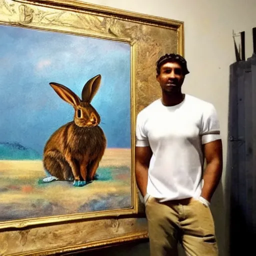 Prompt: a rabbit posing proudly next to a painting of a human