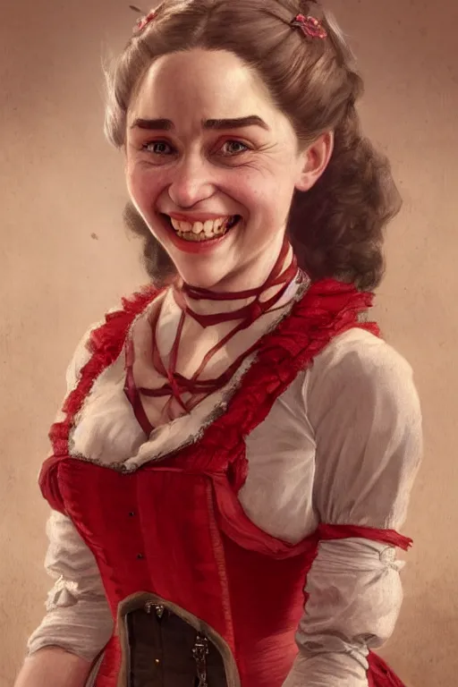 Image similar to Emilia Clarke smiling warmly in a 1800s American Corset in Red Dead Redemption anatomy, detailed face, only two hands, highly detailed, digital painting, artstation, concept art, smooth, sharp focus, illustration, Unreal Engine 5, 8K, art by art by artgerm and greg rutkowski and edgar maxence