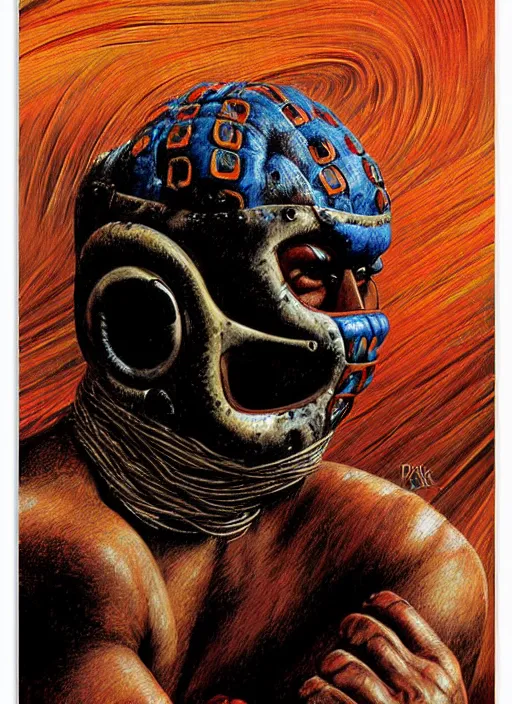 Prompt: poster of mexican old fighter, lucha libre, style poster illustration, by peter gric