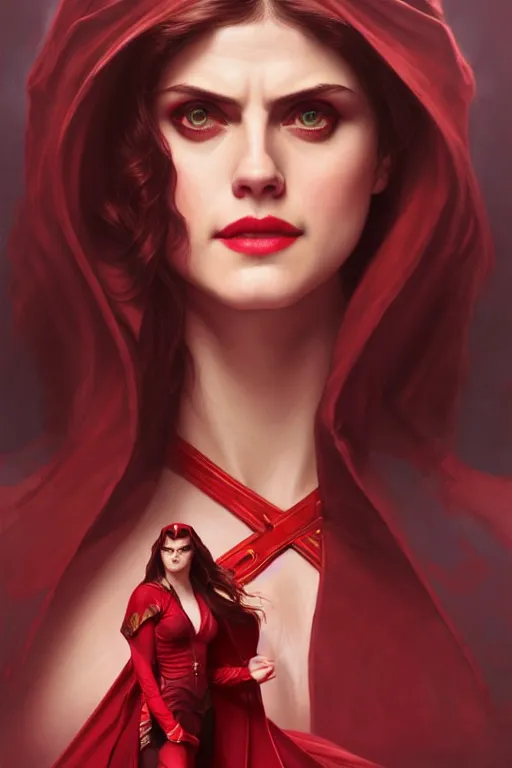 Image similar to alexandra daddario as scarlett witch, realistic portrait, symmetrical, highly detailed, digital painting, artstation, concept art, smooth, sharp focus, illustration, cinematic lighting, art by artgerm and greg rutkowski and alphonse mucha