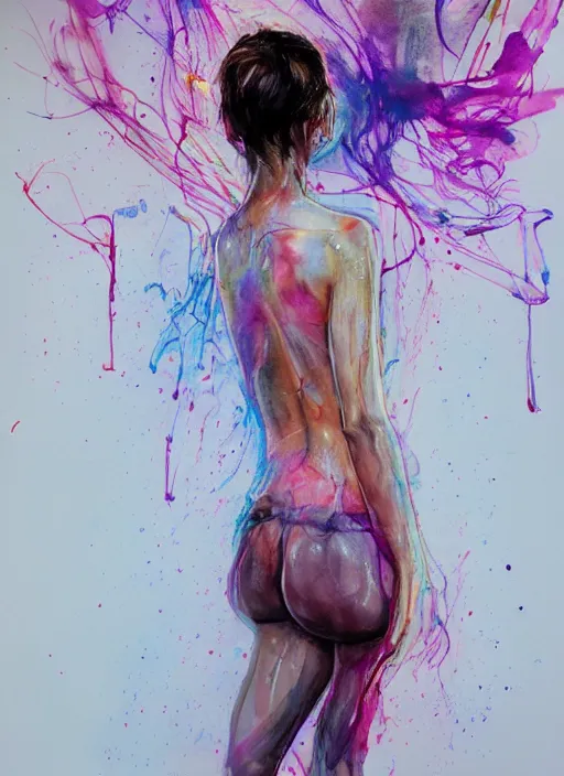 Prompt: sexy seducing smile nathalie portman in mini short by agnes cecile, half body portrait, 3 / 4 view from back, bending pose, extremely luminous bright design, pastel colours, ink drips, autumn lights