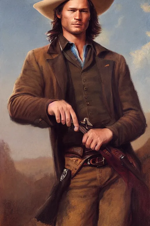 Prompt: a ultradetailed portrait of sam winchester as an old west gunfighter, masterpiece, 8 k, art by rembrant and albert bierstadt