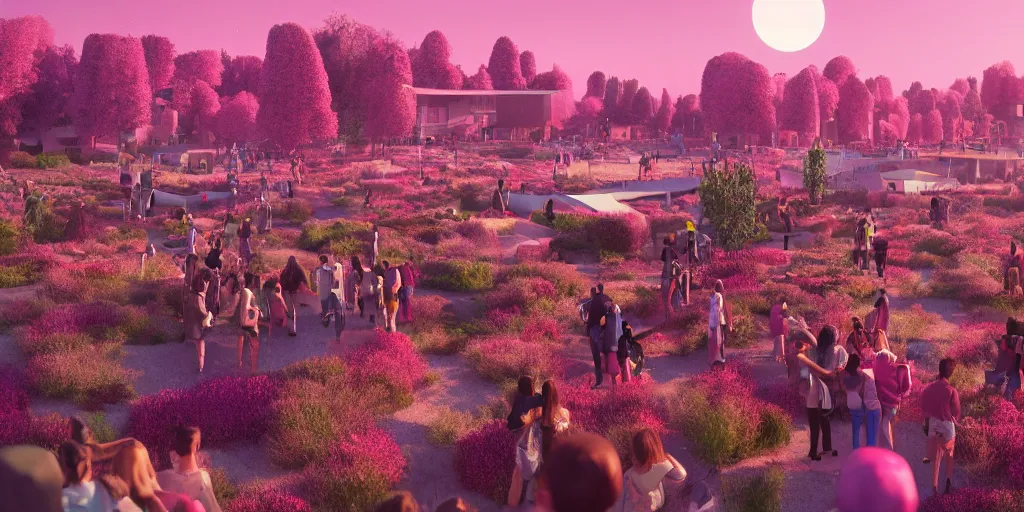 Prompt: a crowd of people celebrating in a futuristic village next to wheatfields of pink plants, pink trees, pink grass, spaceships in the sky, at dawn, epic scale ultrawide angle, stunning, epic, cinematic, artstation trending, octane render, hyperrealistic, cryengine 8 k uhd