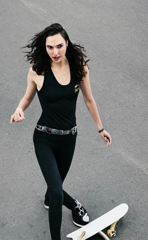 Image similar to gal gadot as a skateboarder, nikon 3 5 mm portrait photography