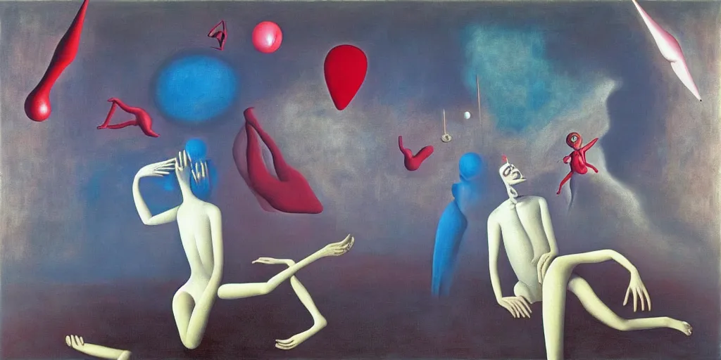 Image similar to surrealist painting by painting by gottfried helnwein, yves tanguy, leonora carrington, max ernst, a man being overcome by love conciseness, psychedelic dripping colors