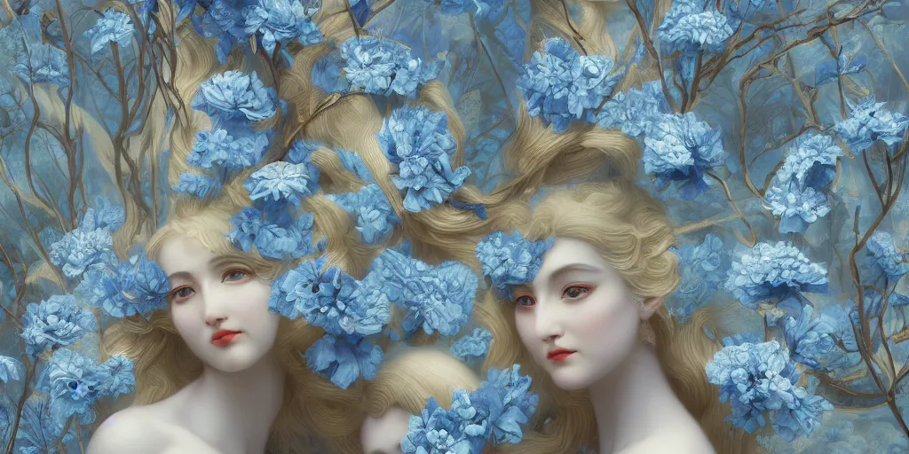 Image similar to breathtaking detailed concept art painting art deco pattern of blonde faces goddesses amalmation light - blue flowers with anxious piercing eyes and blend of flowers and birds, by hsiao - ron cheng and john james audubon, bizarre compositions, exquisite detail, extremely moody lighting, 8 k