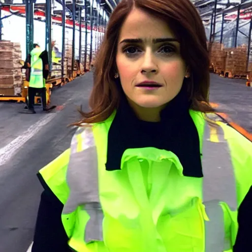 Image similar to photo, close up, salma hayek emma watson in a hi vis vest, in warehouse, android cameraphone, snapchat story screenshot, 2 6 mm,