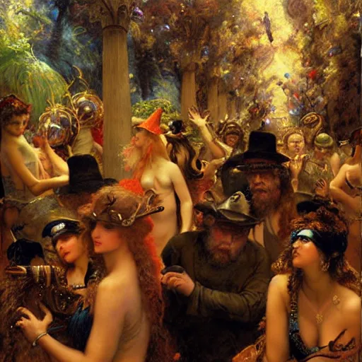 Prompt: witch controling underground edm party people, painting by gaston bussiere, craig mullins, j. c. leyendecker, lights, art by ernst haeckel, john william godward, hammershøi,