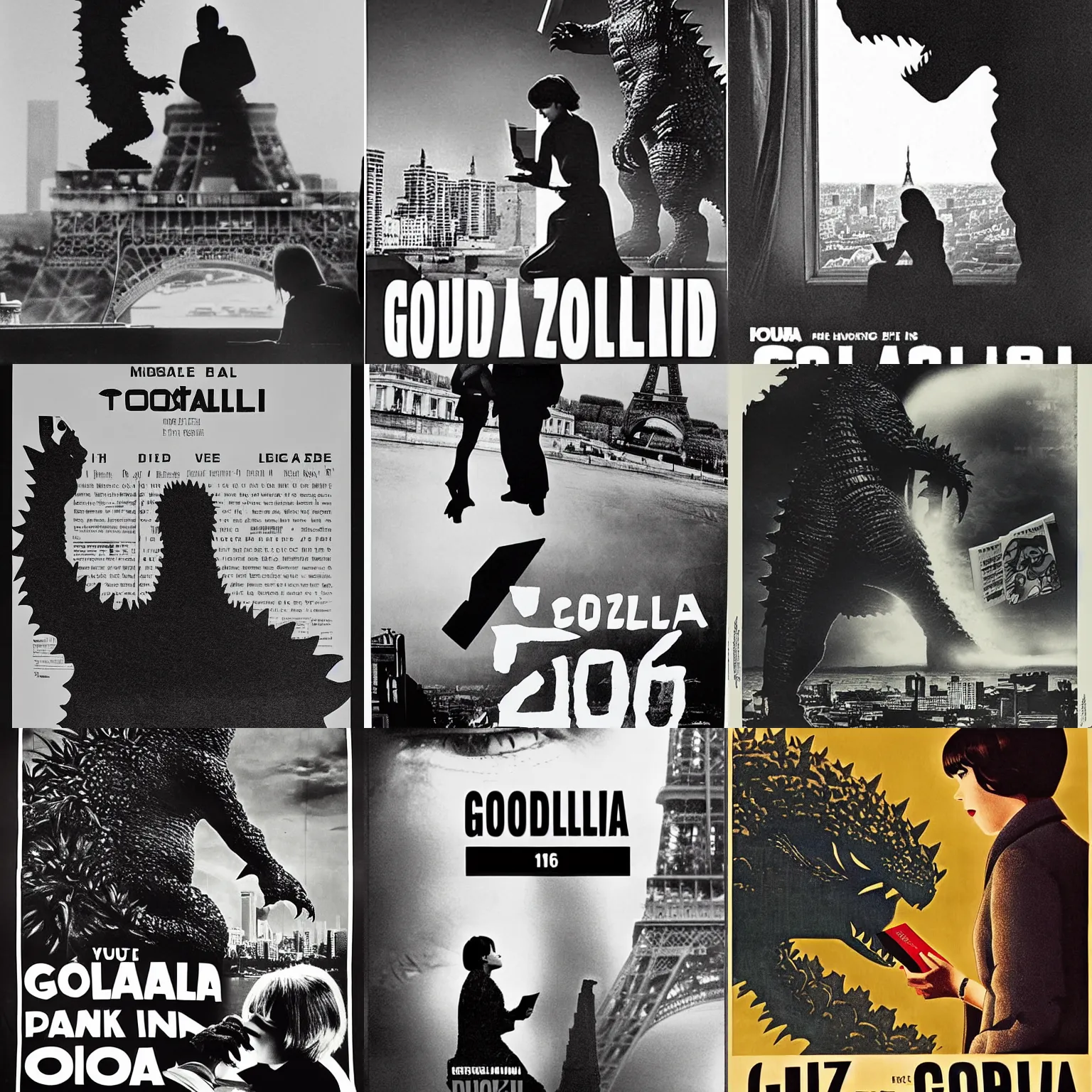 Prompt: poster of the godzilla movie by jean luc godard ( 1 9 6 5 ), showing godzilla reading a book in front of paris with a beautiful woman. black and white, nouvelle vague style.