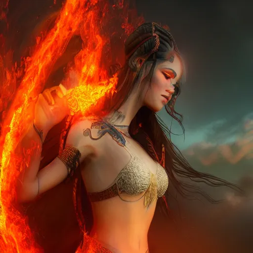 Prompt: a very beautiful Te Kā female lava and fire goddess character, character is in all its glory, character is in her natural relaxed pose,dramatic lighting, rim lights, particles and air smoke in the air, fancy clouds, highly detailed professional photo, dynamic lights, particles are flying, depth of field, trending on artstation, illustration, hyper realistic, vray caustics, super detailed, colorful accents, cinematic shot ar 9:16 -n 6 -g