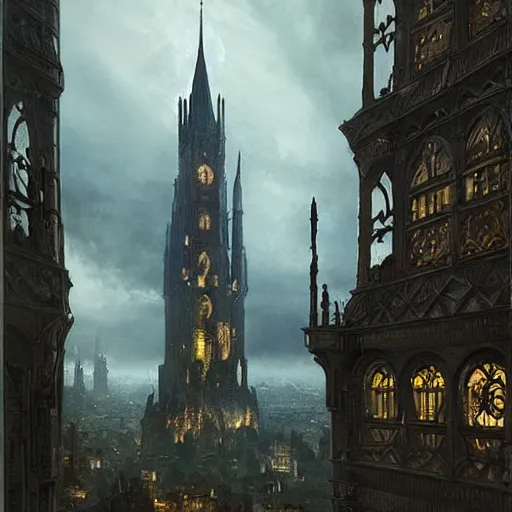 Prompt: an ultra detailed tarot card of a lonely and impossibly tall ominous gothic dark tower elevated high above the city, in a river elevated high above the city, fantasy capital city, ultrawide lense, aerial photography, volumetric lighting, exquisite detail, 8 k, art by greg rutkowski and alphonse mucha