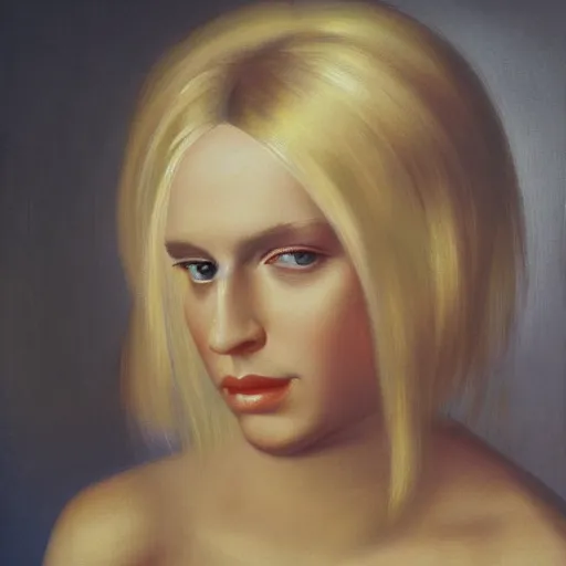 Prompt: classic oil painting, woman, oval shape face, blond hair, beautiful lashes, full body, beautiful, in style of thomas ruff
