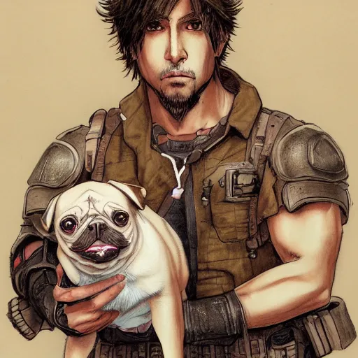 Image similar to self portrait, young white hispanic handsome man with short light brown hair and light skin and a 5 o clock shadow and holding a pug while fighting against 2 swordsmen pencil art, added detail, high definiton, colored, backfacing, illustrated by yoji shinkawa