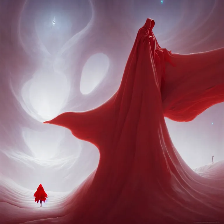 Image similar to one lone singular swirling otherworldly angel shrouded in red robes emerges from extensive barren white dunescape, matte painting by peter mohrbacher and filip hodas, background basilica! sacrecoeur!, godrays, high contrast, highly detailed, a