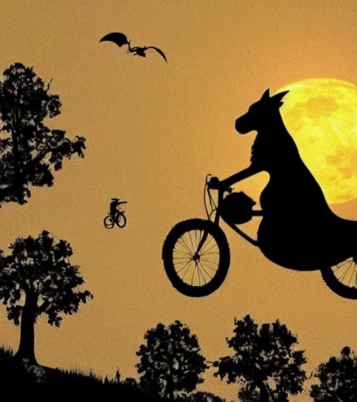 Image similar to a dragon and bike are flying across the full moon as silhouette, from the movie e. t. the extra terrestrial, with dark trees in foreground, cinematic frame by steven spielberg, hd