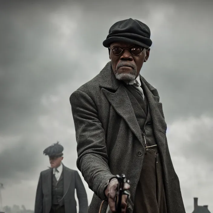 Prompt: film still of Samuel L Jackson in peaky blinders, 4k