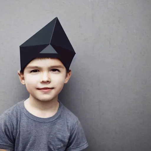 Prompt: cute, polygonal, head portrait of a boy head wearing a all-covering hat
