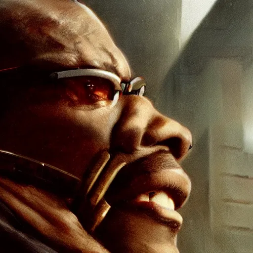 Prompt: closeup portrait of a young samuel jackson as the terminator, city background, dramatic light, gorgeous view, depth, high detail, digital art, painted by greg rutkowski, trending on artstation