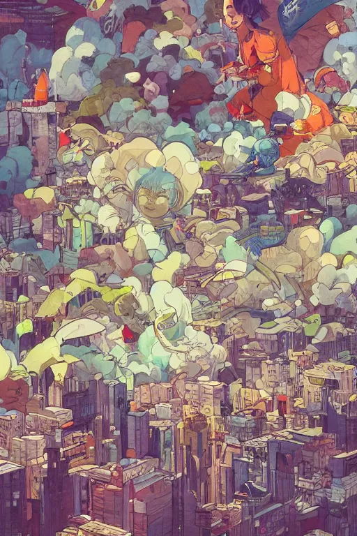 Prompt: people in a busy city covered with graffiti clouds, professional illustration by james jean, painterly, yoshitaka Amano, hiroshi yoshida, moebius, loish, painterly, and artgerm, illustration