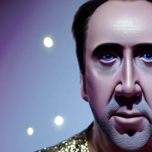 Image similar to Nicolas Cage with silver-violet hair, white eyes and golden glittery dress, wide lens, diorama, 4k,