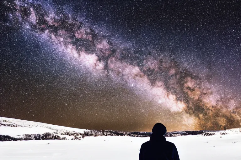 Prompt: a man standing in snow and looking up at the milky way