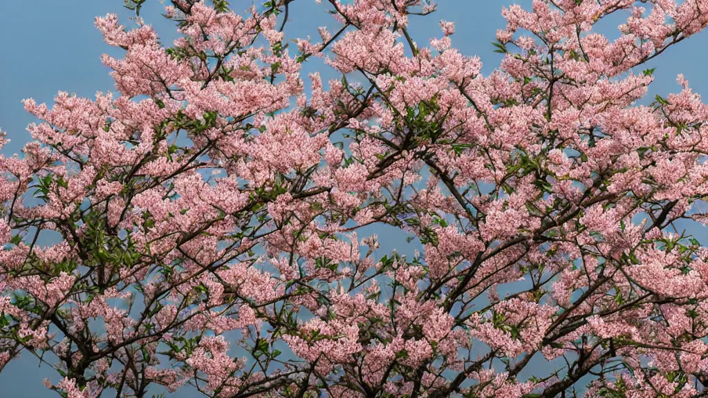 Image similar to Peach blossoms bloom along the Shanghai skyline, The soft pinks and greens of the flowers are offset by the blue of the sky and the gray of the cityscape. HD, Octane render 8K, 200mm, f1.8, wide angle,