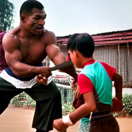 Image similar to mike tyson in vietnam playing tennis