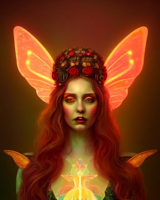 Image similar to portrait, stunningly beautiful female faerie priestess in amanita muscaria forest landscape, symmetrical wings on back, neon hair, wearing a dress of gossamer gold, inner glow, illustration, dramatic lighting, soft details, painting, art nouveau, octane render, 8 k, hd, by brom, faces by otto schmidt