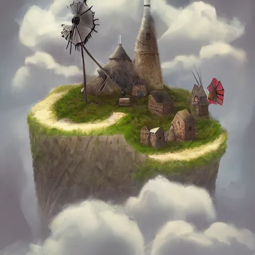 Image similar to A floating island in the clouds with a small medieval village and a windmill on top of it, D&D, magical, highly detailed, digital painting, trending on artstation, 8k