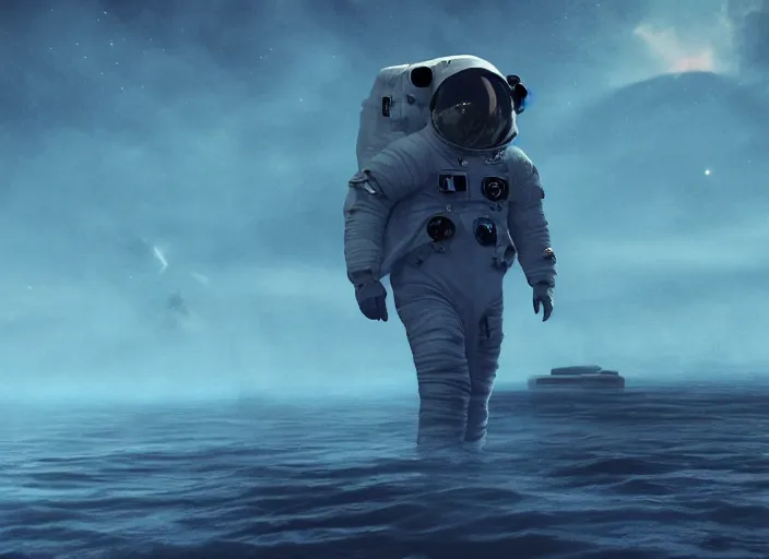 Image similar to astronaut holding a flag in an underwater desert. a submarine is visible in the distance. dark, concept art, cinematic, dramatic, atmospheric, 8 k, trending on artstation, blue, fish, low visibility, fog, ocean floor, christopher nolan, interstellar