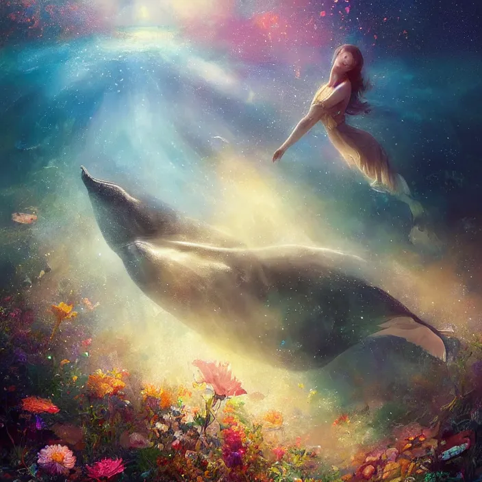 Image similar to glimmering whale, flowing dress, flowers, cosmos, milky way galaxy, golden hour, god rays, coral reef, dreamscape by artgerm and ruan jia and ismail inceoglu and greg olsen, masterpiece, beautiful, intricate, elegant, highly detailed