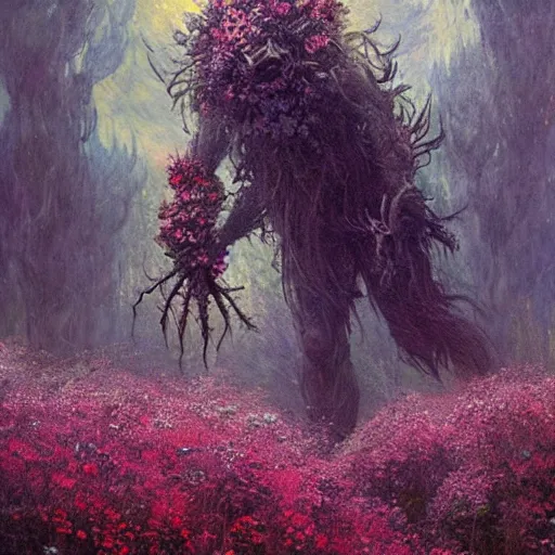 Prompt: a beautiful terrifying monster made of flowers. ethereal horror fantasy art by greg rutkowski and raymond swanland and monet