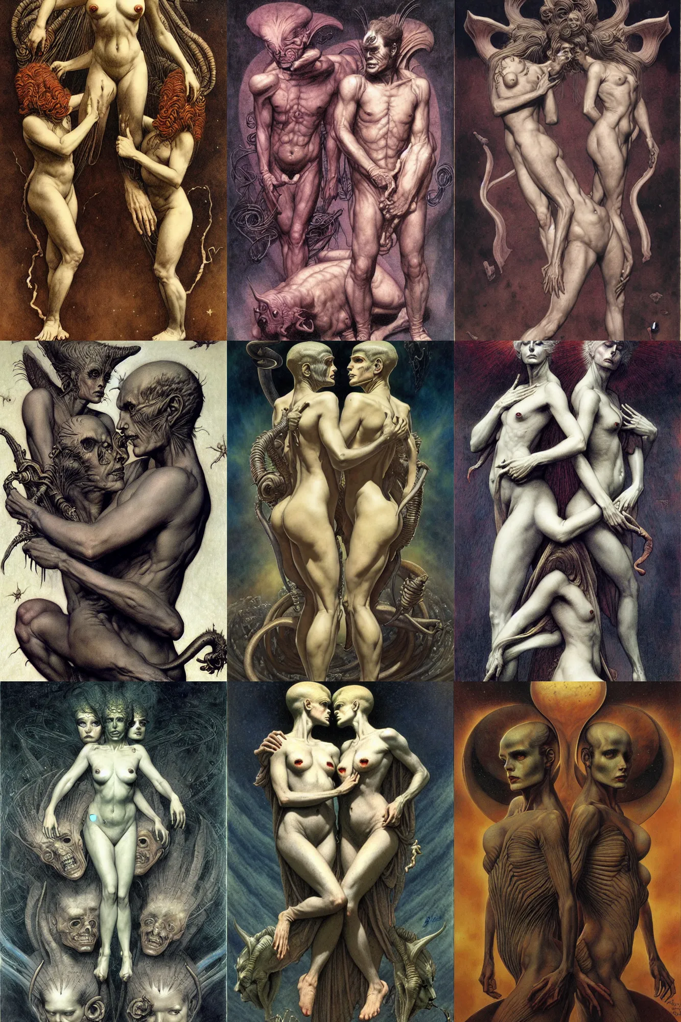 Prompt: gemini in the style of wayne barlowe, gustav moreau, goward, bussiere, roberto ferri, santiago caruso, luis ricardo falero, austin osman spare