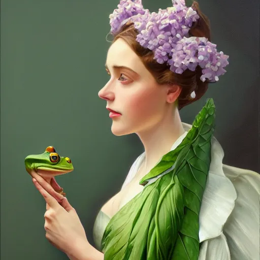 Image similar to oil painting portrait of green anthropomorphic frog wearing a lilac silk gown, highly detailed, digital painting, artstation, concept art, sharp focus, illustration, art by leyendecker and greg rutkowski and alphonse mucha