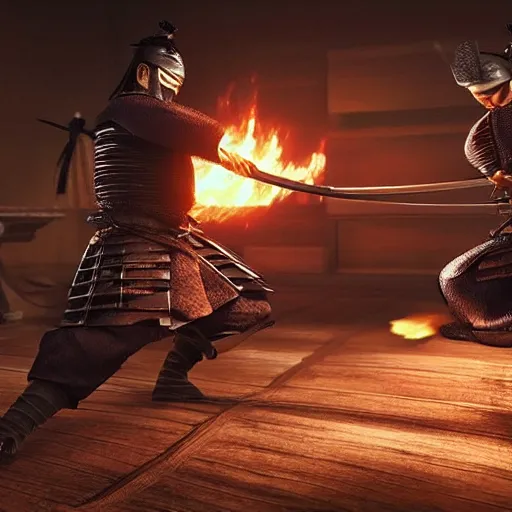 Prompt: an action fight scene between a samurai and a ninja, unreal engine, hyper realistic, high detail, cinematic, magic, japan, temples,