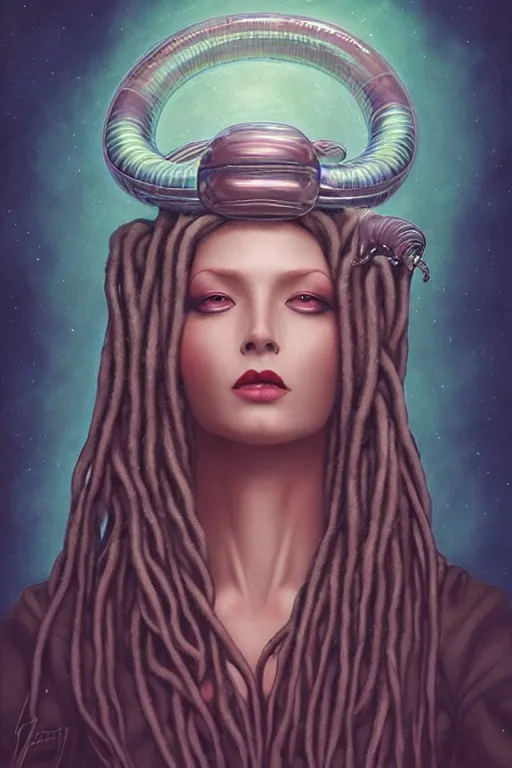 Image similar to portrait of an alien woman queen with long floating snake dreads, straight on portrait, by artgerm, tom bagshaw, gerald brom, vaporwave colors, lo - fi colors, vaporwave, lo - fi, moody vibe, goth vibe, 4 k, hd,