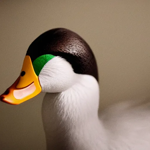 Image similar to A high detail closeup shot of a duck wearing a suit