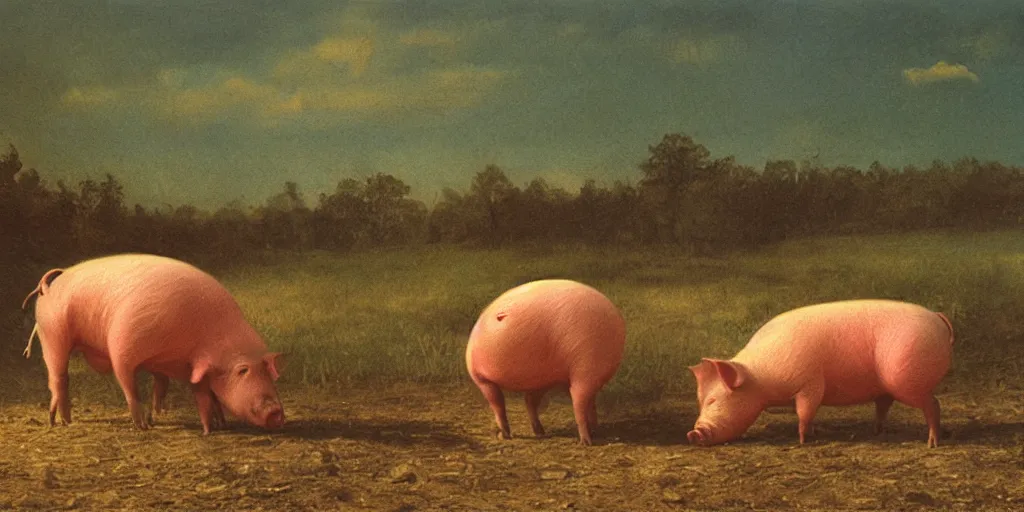 Image similar to The last pig on earth, 1860s oil painting style, soft light, high contrast, high saturation colors, film composition