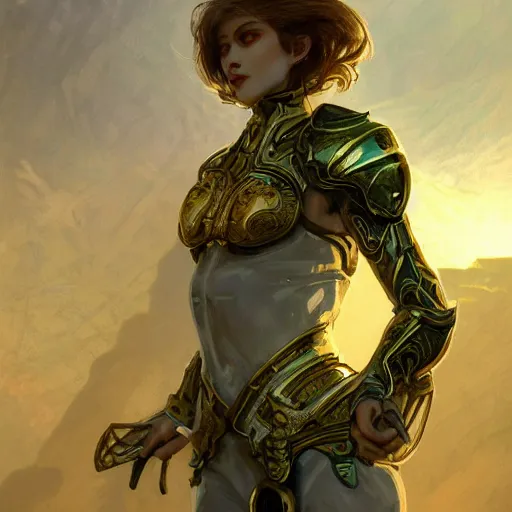 Prompt: portrait knights of Zodiac girl, metalic green and white reflected armor, in ruined Agora of Athens sunrise, ssci-fi, fantasy, intricate, very very beautiful, elegant, golden light, highly detailed, digital painting, artstation, concept art, smooth, sharp focus, illustration, art by tian zi and WLOP and alphonse mucha