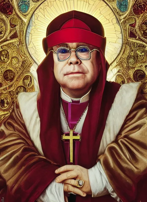 Image similar to Elton John as the pope, headshot, painted renaissance character portrait, highly detailed, painting, artstation, sharp focus, art by artgerm and greg rutkowski and alphonse mucha and magali villeneuve