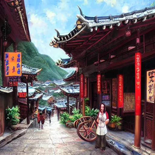 Prompt: a woman in jiufen taiwan, an oil painting by ross tran and thomas kincade