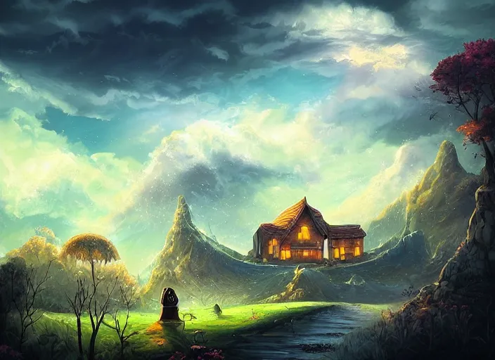 Image similar to epic fantasy landscape, owl house, beautiful sky by Cyril Aquasixio Rolando, Cyril Rolando,