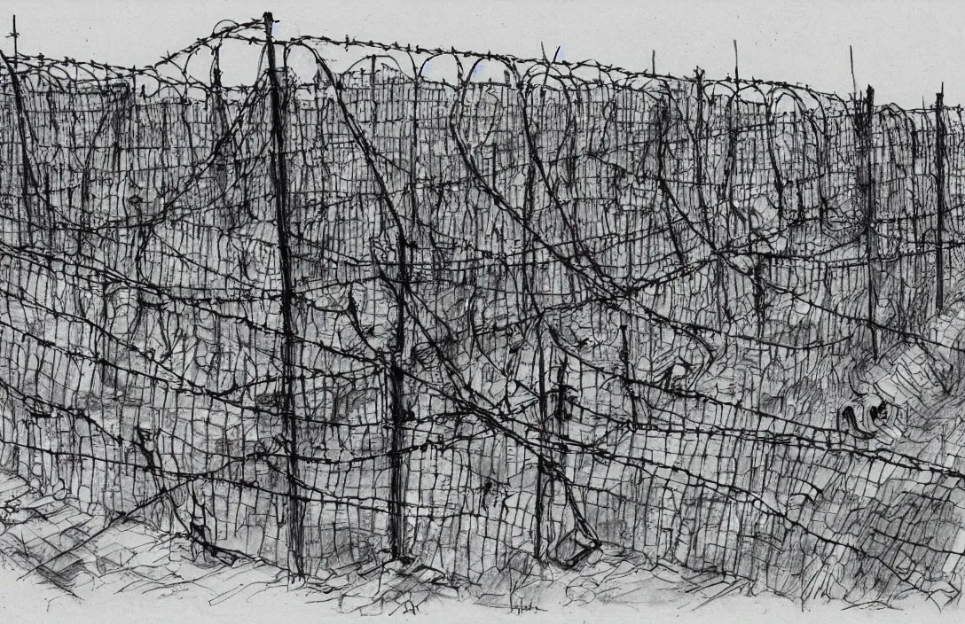 Image similar to milt kahl sketch of zombie apocalypse resistance camp with barbed wire fencing