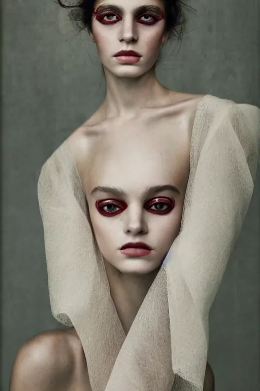 Image similar to a full body portrait of a beautiful girl covered by monia merlo featured in vogue and gq editorial fashion photography, beautiful eye, symmetry face, haute couture dressed by givenchy and salvatore ferragamo