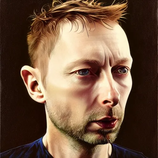 Image similar to hyper realistic portrait of cleanshaven thom yorke short haired variations singer songwriter ok computer, ( side ) profile, liminal space, by lee bermejo, alphonse mucha and greg rutkowski