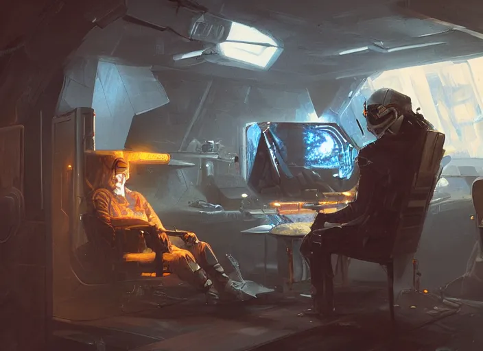 Image similar to a man sitting on a chair with things attached to his head, screens and monitors in front of him playing videos, ship interior, narrow hallway, scifi, dramatic lighting, dark, spotlight, concept art, surreal, by rutkowski