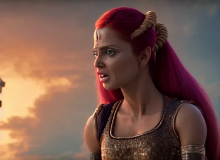 Image similar to film still of leela with a ponytail in the new scifi movie, 4 k