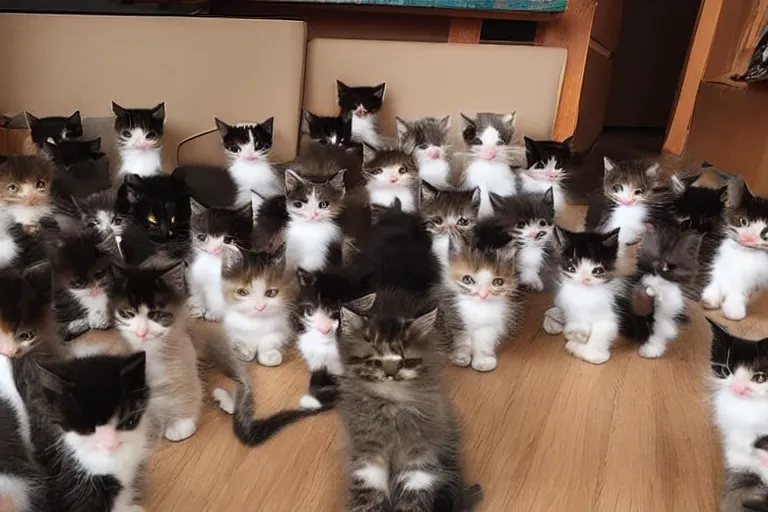 Prompt: a living room full of cute kittens that are all sitting positioned directly at the camera and all of the kittens are looking directly into the camera