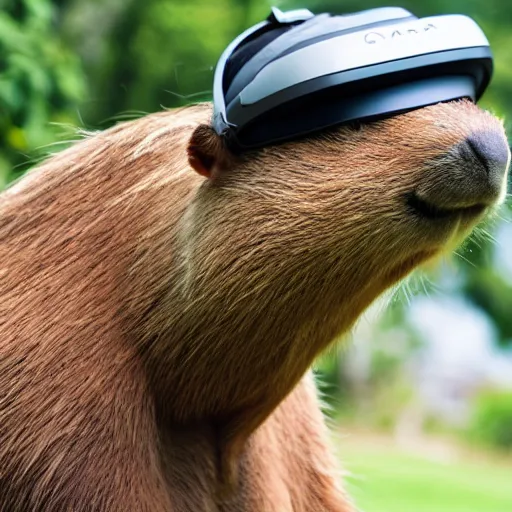 Prompt: photorealistic capybara wearing VR helmet