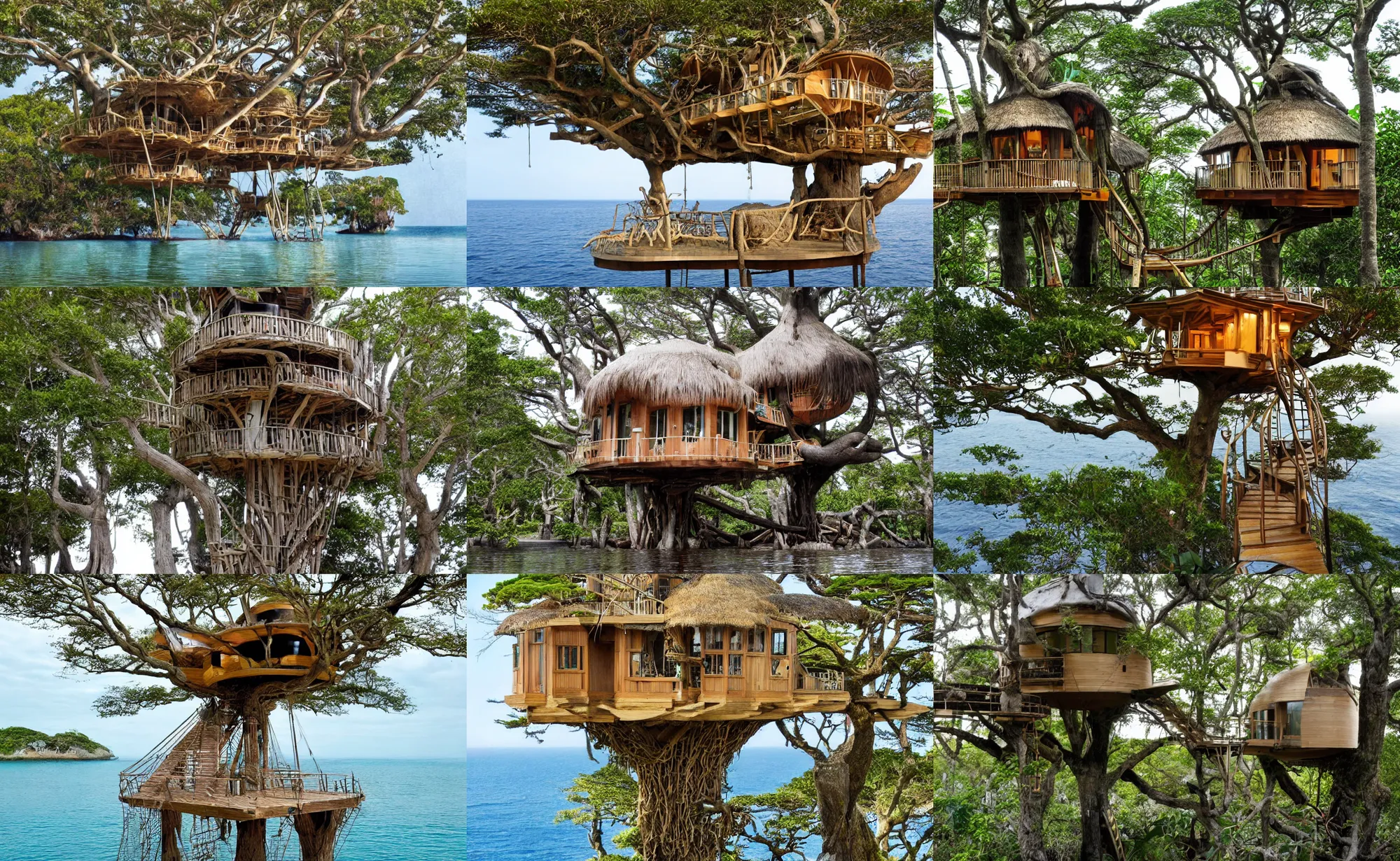 Prompt: chidrens book of a mystical island treehouse on the ocean